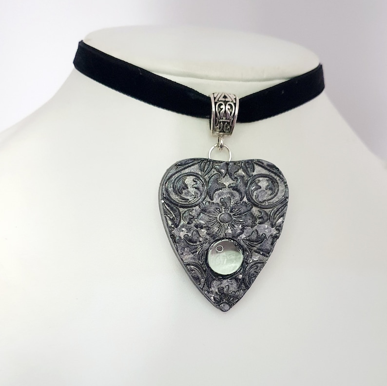 Goth and Occult. on a black velvet choker handmade resin Black planchette choker silver and black floral Ouija planchette
