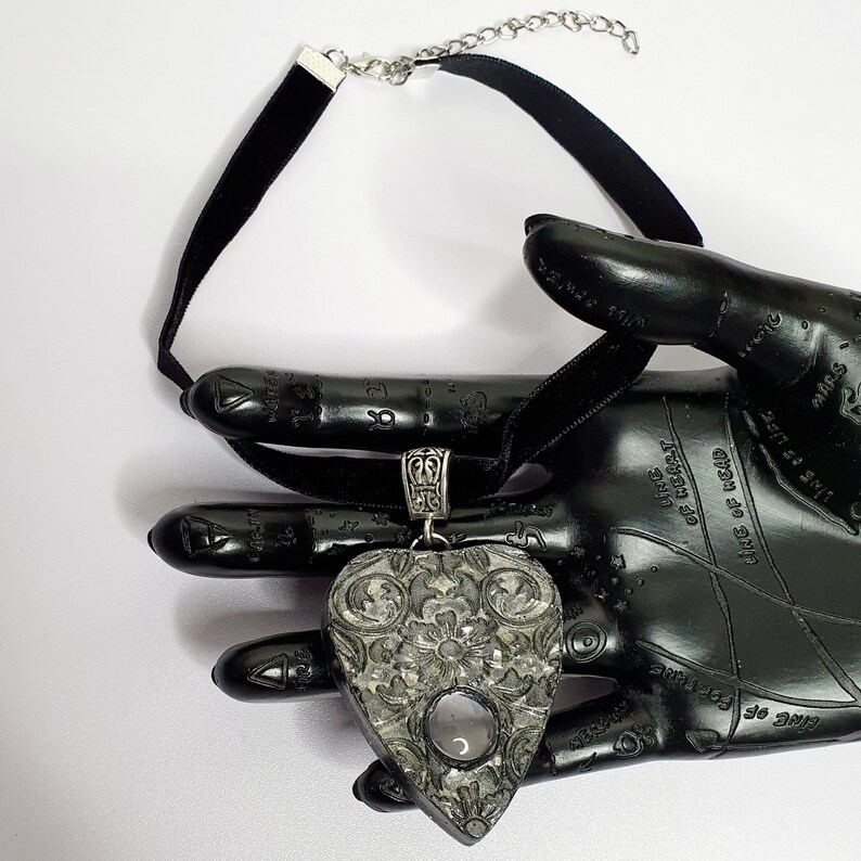Goth and Occult. on a black velvet choker handmade resin Black planchette choker silver and black floral Ouija planchette