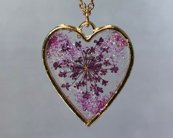Tiny Pink Real Flower Heart Necklace