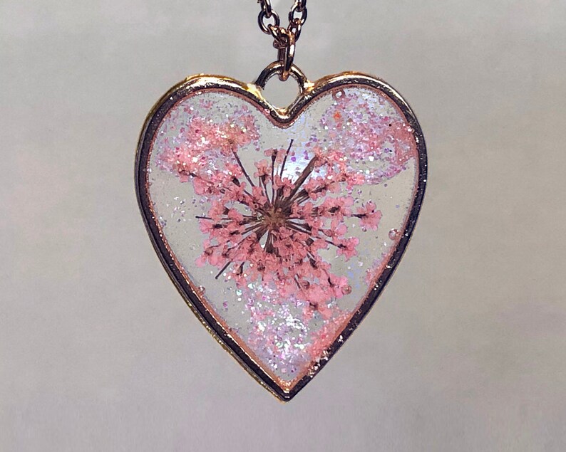 Tiny Pink Real Flower Heart Necklace