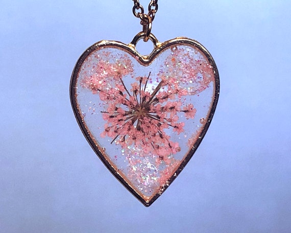 Tiny Pink Real Flower Heart Necklace