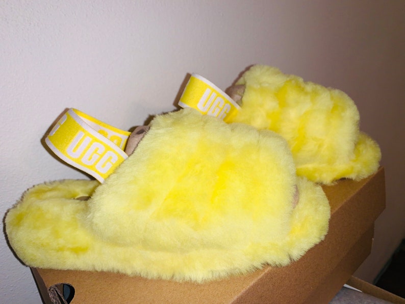 UGG Inspired Fluff Yeah Slide Slippers Soft Womens Shoes Sandal Yellow