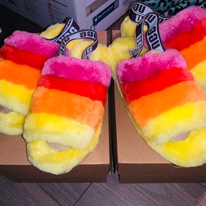 UGG Inspired Fluff Yeah Slide Slippers Soft Womens Shoes Sandal Yellow Multicolored