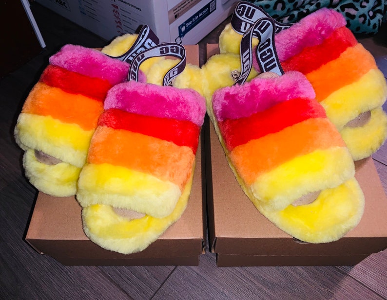 UGG Inspired Fluff Yeah Slide Slippers Soft Womens Shoes Sandal Yellow Multicolored