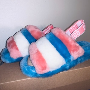 UGG Inspired Fluff Yeah Slide Slippers Soft Womens Shoes Sandal Blue & Pink