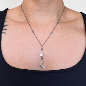 Crescent moon and star necklace with iridescent Czech crystal accents