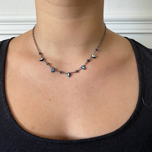 Iridescent diamond shaped and seed Czech glass bead choker on a gunmetal chain