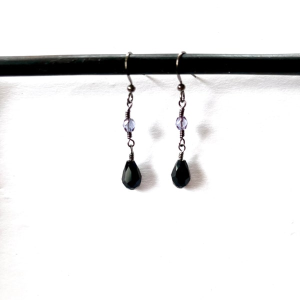 Black crystal drop earrings with colored crystal accents on gunmetal grey wire, various colors