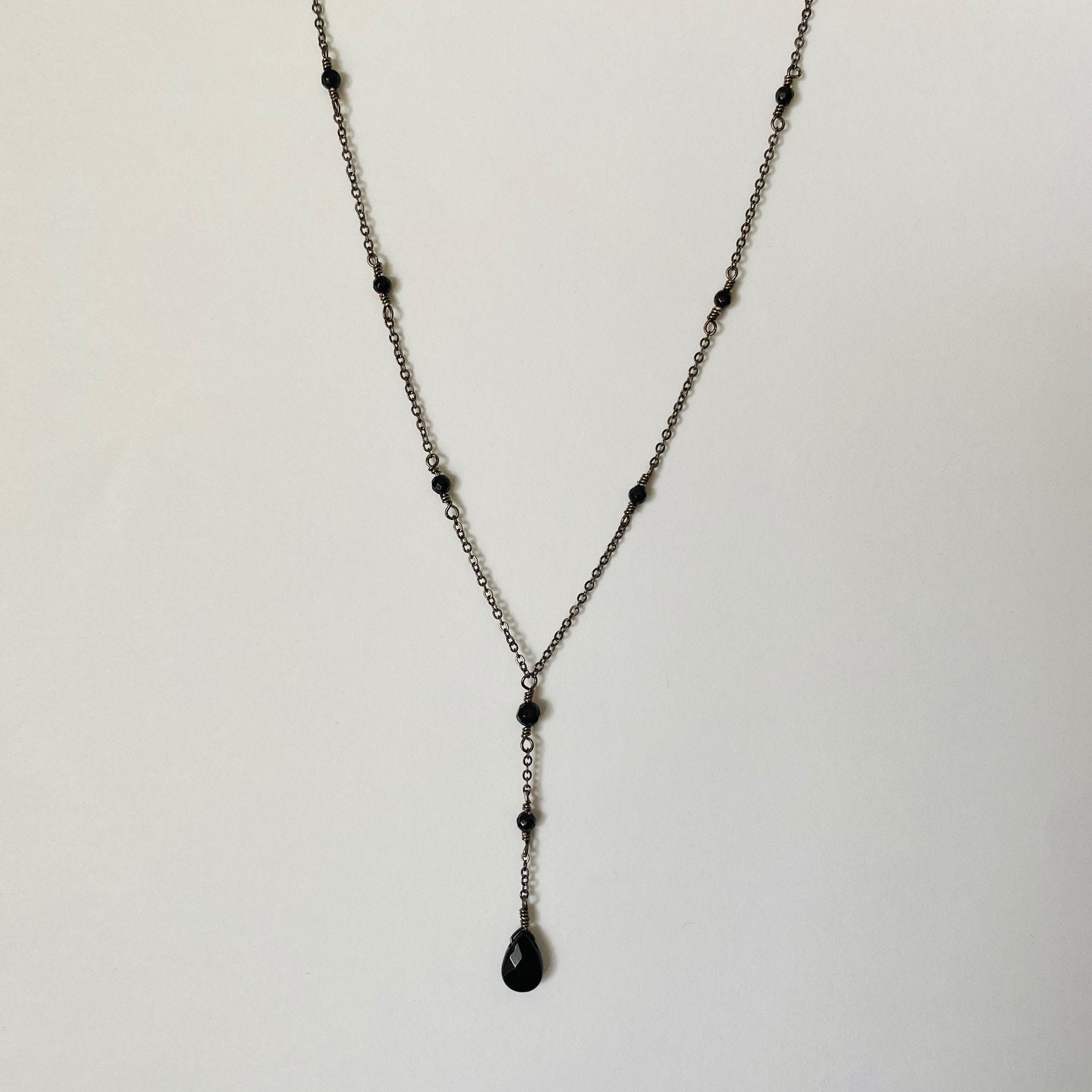 Black Onyx Long Drop Necklace on Delicate Gunmetal Silver or - Etsy