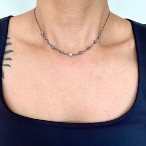 Iridescent Czech glass bead chokers on a gunmetal chain, two styles