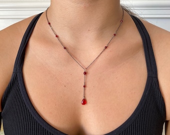 Red crystal drop necklace on delicate gunmetal grey or gold chain