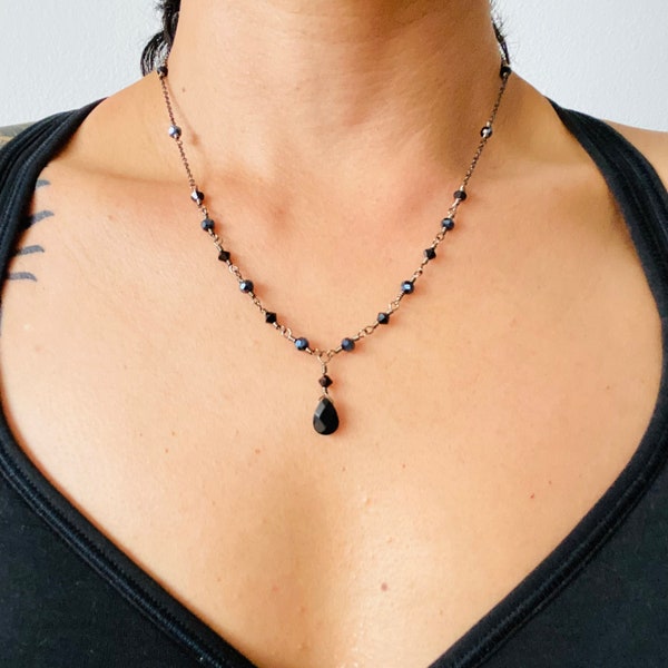 Classic black onyx pendant with black and metallic grey beads on dark grey chain!