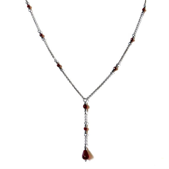 ☆送料・関税込☆KIRSH★GEMSTONE BEAD DROP NECKLACE★ Red Crystal Drop Necklace on Delicate Gunmetal Grey or Gold