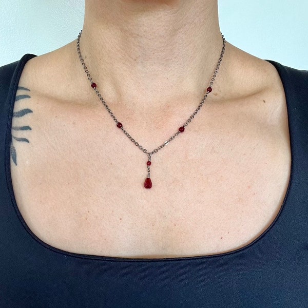Red crystal pendant necklace with bead accents, two versions