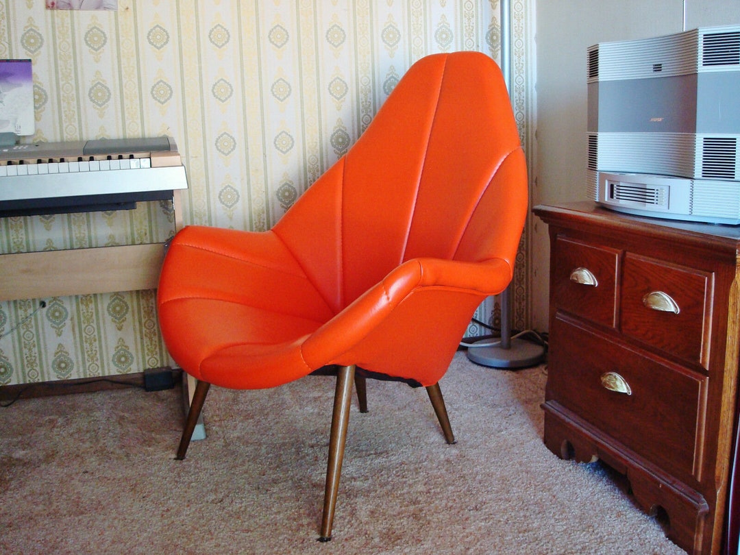 MID CENTURY MODERN Original Orange Vinyl Upholstery Highback Lounge Chair With a Perfect