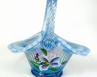 Signed Vintage Fenton Aqua with Combination Opalescent & Iridescent Glass Basket