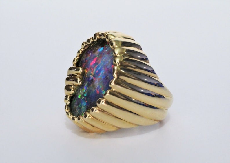 HEAVY Gents 18K Yellow Gold with a LARGE 16.35ct Natural Australian Boulder Black Opal Ring image 1