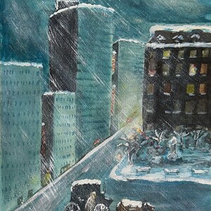 Dipinto ad olio originale su carta di M. D. CARMODY alla maniera di Guy Wiggins - "Aspettando Godot nella neve".