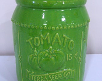 Old, antique Early girl Tomato 15c Terra Seed CO. SINCE 1892 Green Glazed Ceramic Pottery Planter.