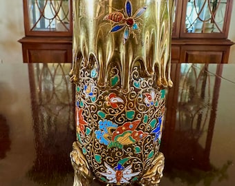 Circa 1890 Moser Rosaline Gilt Amber Glass vase with Gilt Drippings, Enamel Flowers, Bugs and Gilded Rigaree Feet.