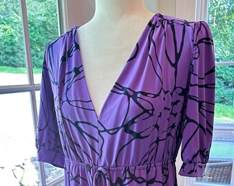 Vintage Michael Kors Dress: Purple Floral V-Neck Stretch Knit, Size M