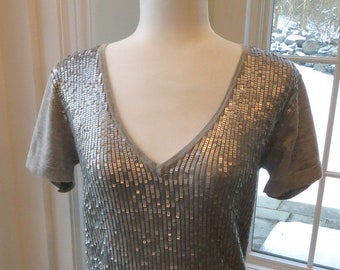 Vintage Designer Graham & Spencer Sequin Tunic Top, Silver Gray Cotton, Size M