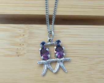 Vintage Amethyst Sapphire Sterling Silver Love Birds Pendant Necklace