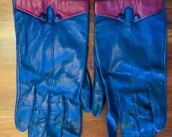 Vintage Rare Anne Klein Leather Dress Gloves: Cobalt Blue with Violet Purple Trim