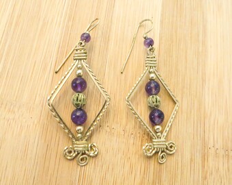 Vintage amethyst crystal bohemian gold wire chandelier dangle drop earrings