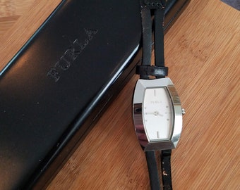 Vintage elegant Furla Italian dress watch silver black leather patent leather in box