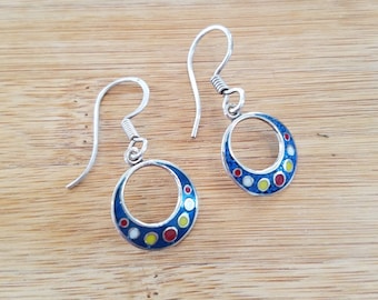 Vintage sterling silver mexican enamel circle hoop earrings
