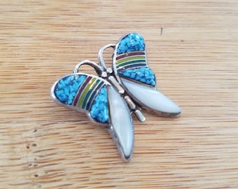 Unique vintage sterling silver mother of pearl enamel butterfly pendant charm