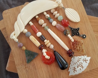 Unusual large vintage faux ivory jade gemstone mother of pearl beaded brooch pin