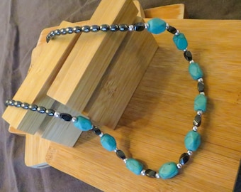 Vintage turquoise hematite 925 sterling silver beaded necklace crystal