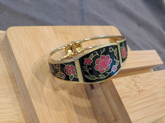 Vintage cloisonne enamel floral hinged bangle bra… - image 2