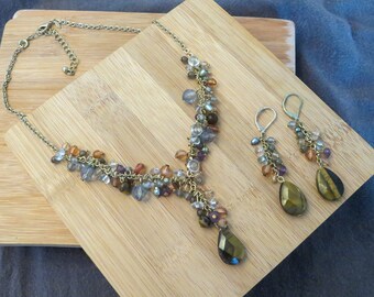 Vintage Tiger's Eye Crystal Necklace and Matching Dangle Earrings Set