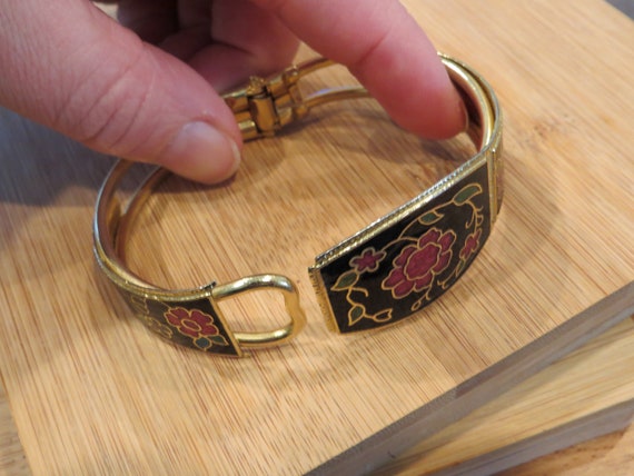 Vintage cloisonne enamel floral hinged bangle bra… - image 4