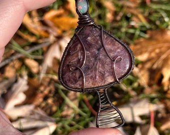 Charoite & Opal Mushroom Pendant | wire wrapped crystal pendant | wire wrapped Charoite | Mushroom pendant | wire wrapped mushroom