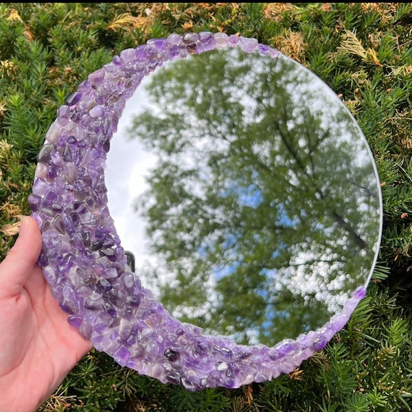 Amethyst Mirror | Moon Mirror | Crystal mirror | tumbled amethyst | amethyst moon mirror  | healing crystal mirror | Moon Decor