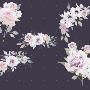 K&ouml;nnte beinhalten: Eine Aquarell-Illustration von f&uuml;nf Blumenstr&auml;u&szlig;en mit rosa, wei&szlig;en und lila Bl&uuml;ten. Die Str&auml;u&szlig;e sind auf einem dunklen Hintergrund mit einem dezenten Muster aus kleinen Kronen angeordnet.