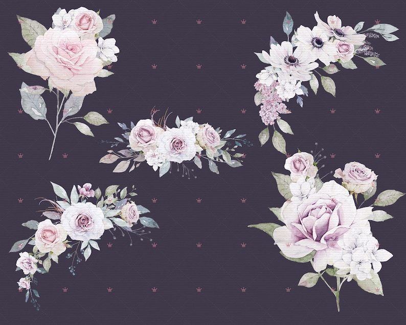 K&ouml;nnte beinhalten: Eine Aquarell-Illustration von f&uuml;nf Blumenstr&auml;u&szlig;en mit rosa, wei&szlig;en und lila Bl&uuml;ten. Die Str&auml;u&szlig;e sind auf einem dunklen Hintergrund mit einem dezenten Muster aus kleinen Kronen angeordnet.