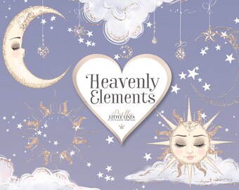 Moon and Sun Clipart Bundle, Heavenly Elements (PNG)