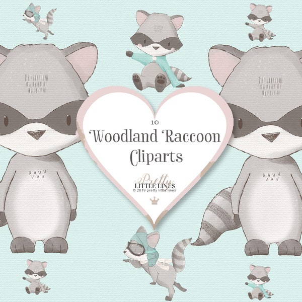 Raccoon Clipart, 10 Hand Drawn Cute Raccoon Cliparts, Digital Download, PNG Format, Woodland Animal Clipart, Clipart Waschbar