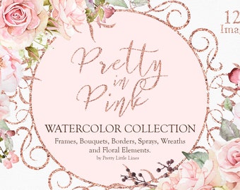 Rosa Aquarell Blumen Clipart, Rose Gold Blumen Buchstaben (digitaler Download)