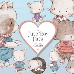 Clipart chat - mignon garçon chat Clipart, chat Kawaii, dessin animé chat, chat Png, planificateur Clipart, 20 garçon chat dessiné à la main, chat Bundle