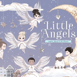 May include: A digital clipart set featuring illustrations of angels, a sheep, and a crescent moon with a face. The angels have white wings and are wearing white dresses. The sheep is white and has black eyes. The crescent moon is gold and has a face with closed eyes. The background is a light purple with stars and glitter. The text "Little Angels" is written in white with a gold outline. The text "Angels, Sheep & Sky Clipart" is written in white with a gold outline.