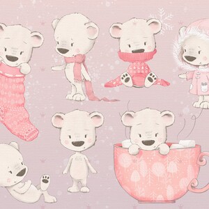 May include: A set of eight adorable illustrations of polar bears in various winter-themed poses. The bears are depicted in a soft, pastel pink color scheme with delicate details. Some bears are wearing cozy winter accessories, such as scarves and hats, while others are enjoying winter activities like drinking hot chocolate and playing in the snow.