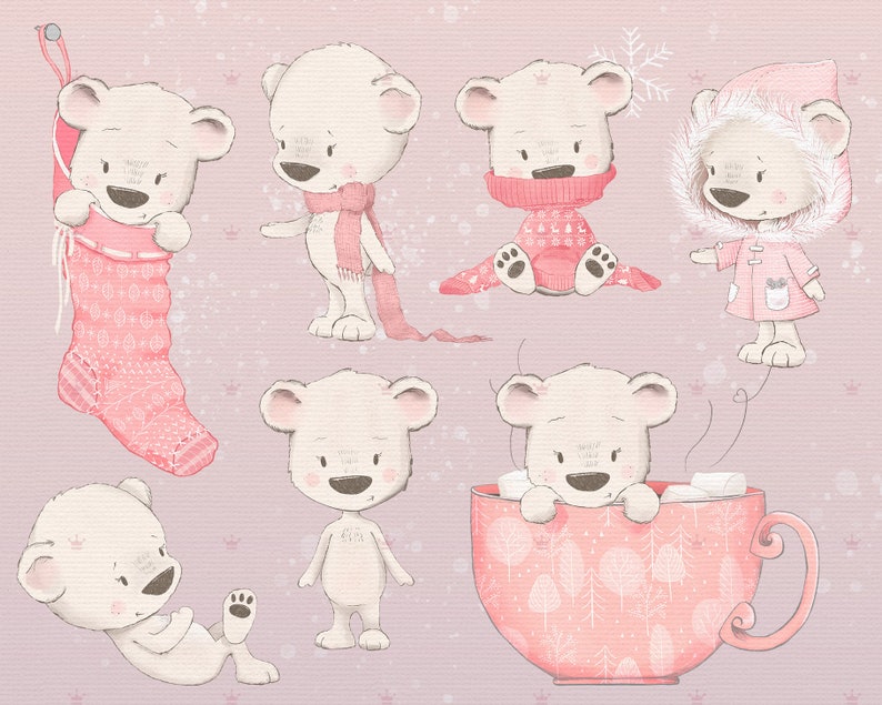 May include: A set of eight adorable illustrations of polar bears in various winter-themed poses. The bears are depicted in a soft, pastel pink color scheme with delicate details. Some bears are wearing cozy winter accessories, such as scarves and hats, while others are enjoying winter activities like drinking hot chocolate and playing in the snow.