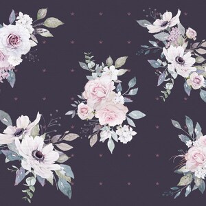 K&ouml;nnte beinhalten: F&uuml;nf Aquarell-Blumenstr&auml;u&szlig;e mit rosa und wei&szlig;en Bl&uuml;ten auf einem dunkelvioletten Hintergrund mit einem dezenten rosa Kronenmuster.