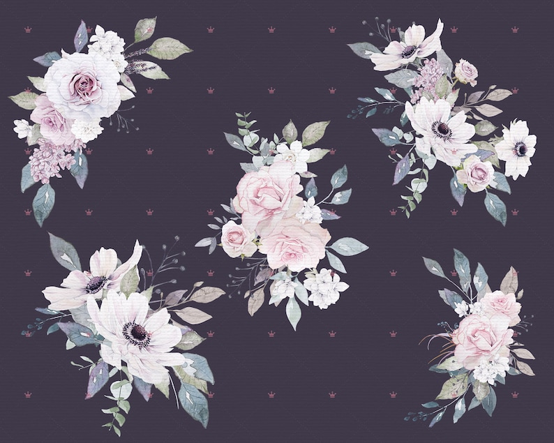 K&ouml;nnte beinhalten: F&uuml;nf Aquarell-Blumenstr&auml;u&szlig;e mit rosa und wei&szlig;en Bl&uuml;ten auf einem dunkelvioletten Hintergrund mit einem dezenten rosa Kronenmuster.